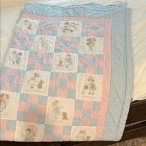Vintage Blue and Pink Patchwork Nursery Quilt with Illustration Blocks